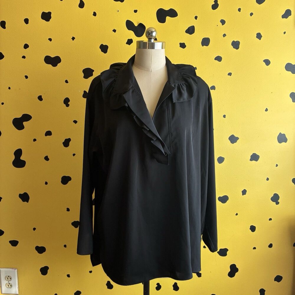 H&M Black Ruffle Collar Blouse Women L Romantic Minimalist Long Sleeve Top